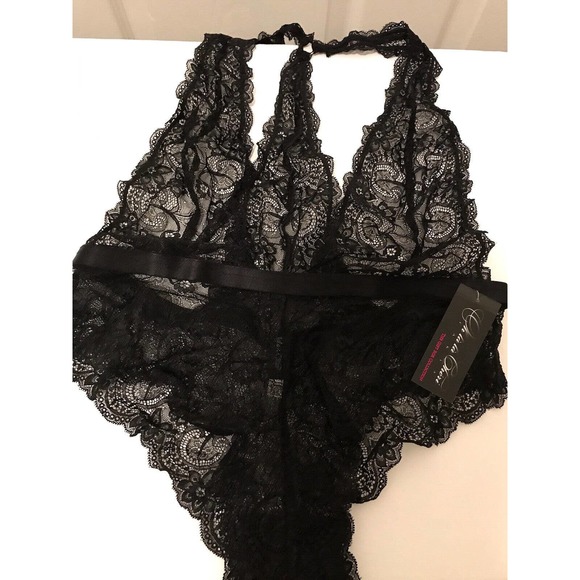 Plunging Lace Halter Teddy with Halter Back, Sexy Lingerie, Black, Size 1X-2X - Picture 11 of 15